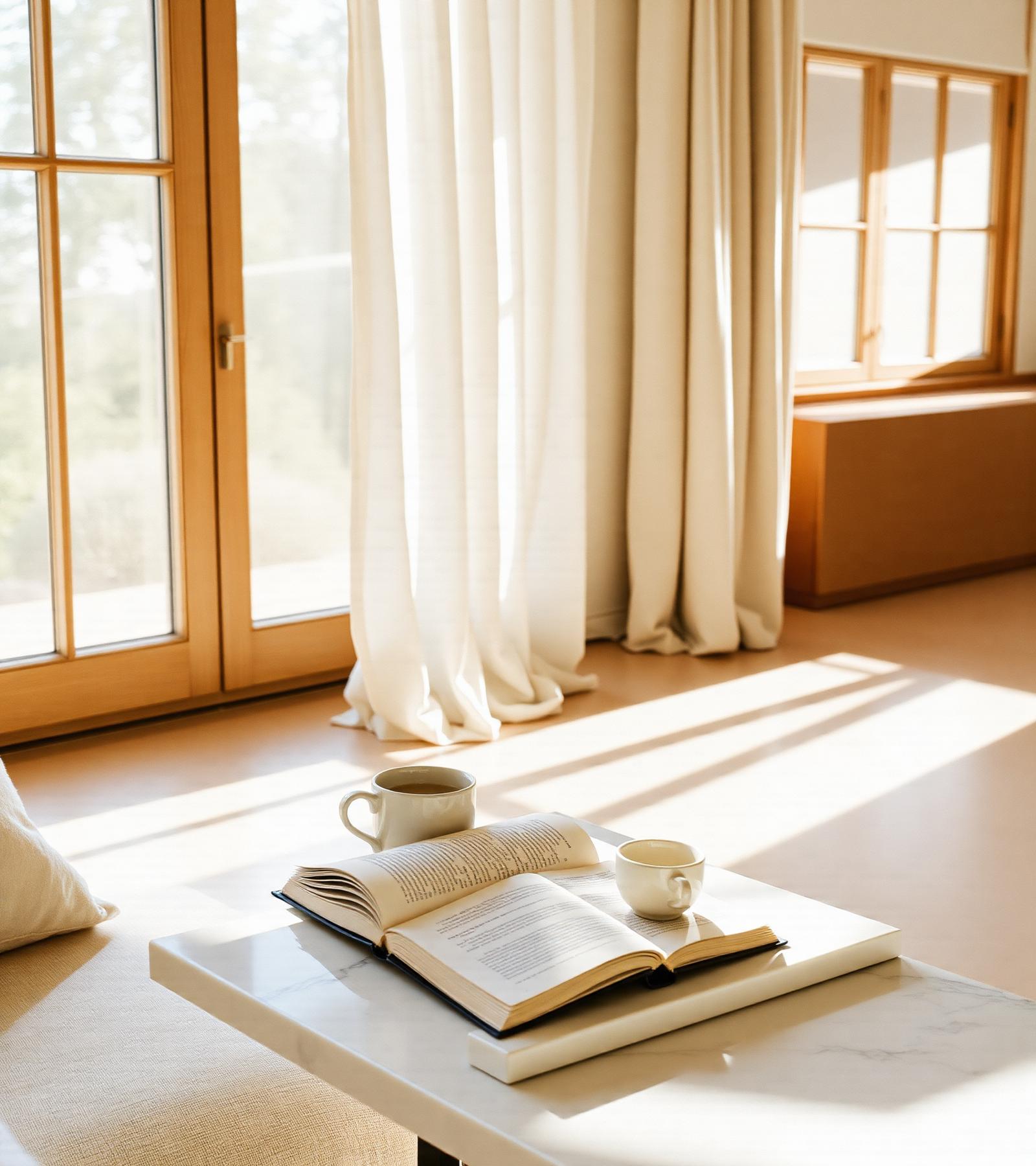 Sunlit boutique holiday interior with linen curtains, oak wood floors and warm morning light